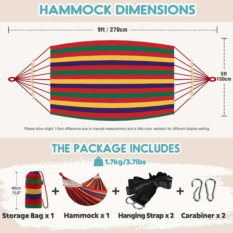 Anyoo Garden Cotton Hammock Comfortable Fabric Hammock with Spreader Bar Sturdy Hammocks Up to 450lbs Portable Lightweight Hammocks with Travel Bag for Camping Outdoor/Indoor Patio Backyard - Image 2